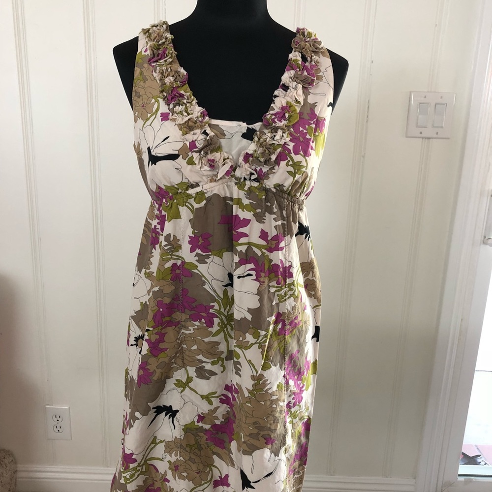 Ann Taylor loft cream dress w/olive/plum flowers